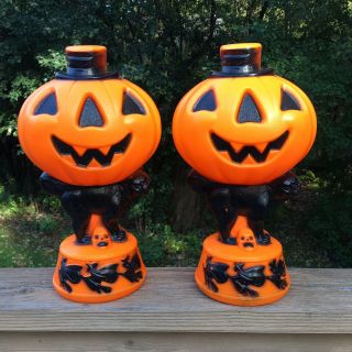 Two Vintage Halloween Blow Mold Empire Black Cat Pumpkin Witches