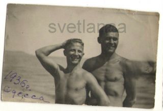 1936 Odessa Beach Two Handsome Young Men Couple Guys Shirtless Gay Antique Photo