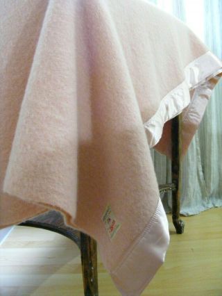 Vintage Dusty Pink Wool Blanket Satin Binding Trim Luxury 1960 