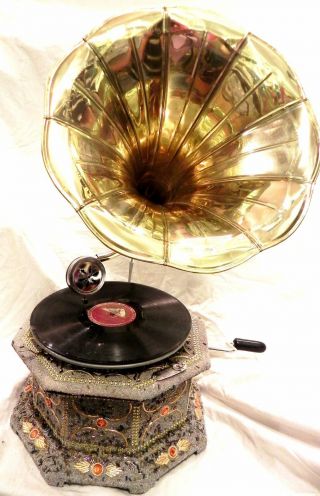 Antique Octagonal Crafted Gramophone Phonograph With Plain Brass Horn