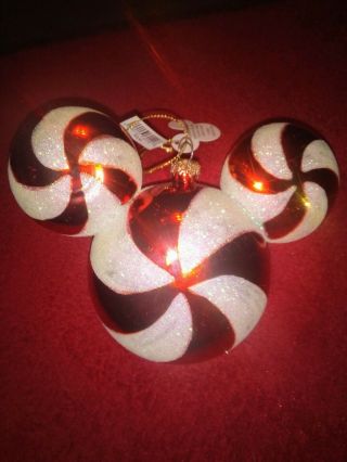 Disney Mickey Mouse Red And White Peppermint Swirl Glass Ornament