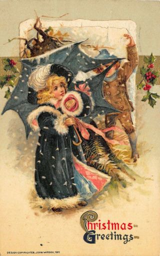 " Christmas Greetings " Facing A Snowstorm John Winsch Publisher Embossed Postcard
