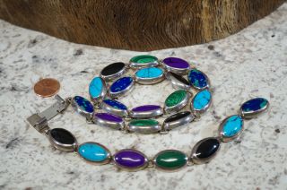 Vtg Hand Crafted Sterling Silver Mexico Bracelet & Necklace Turquoise Onyx &more