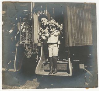 Young Boy & Mom Getting Off A Train Railroad Children Fashion Snapshot
