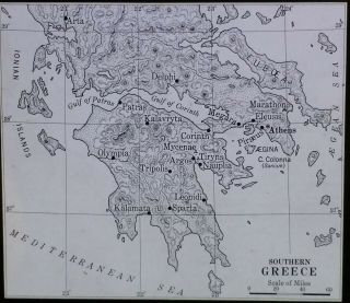 1927 Map Of Southern Greece,  Magic Lantern Glass Slide