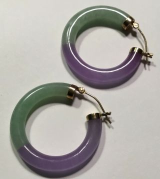 14k Gold Green And Purple Jade Hoop Gemstone Vintage Earrings