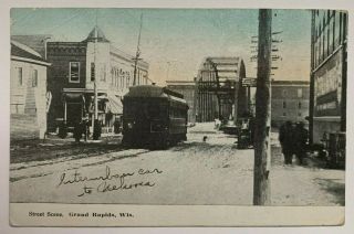 Wi Postcard Grand Rapids Wisconsin Street Interurban Trolley Streetcar Bridge