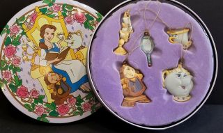 Disney Beauty And The Beast Set Of 5 Vintage Christmas Tree Ornaments Round Tin