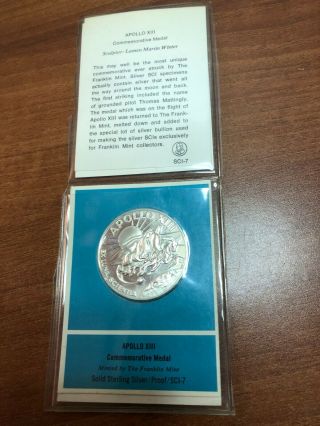 Sterling Silver Medallion Franklin - Nasa Apollo Xiii 13 Lovell Odessy