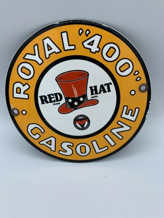 Red Hat Royal " 400 " Gasoline Porcelain Enamel Gas Sign