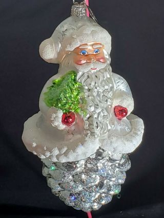 Christopher Radko 2004 Large Silver Cone Curls Santa Clause Retired Ornament