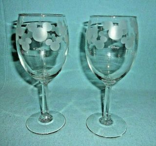 Disney Mickey Mouse Etched Ears 7 " Tall Wine Glass.  Pair