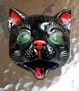 Vintage Japan Black Cat Head Ashtray Redware Incense Burner Halloween Shafford