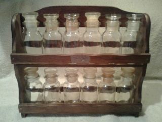 Vintage Wooden Wall Spice Rack 12 Glass Wagner Bottles