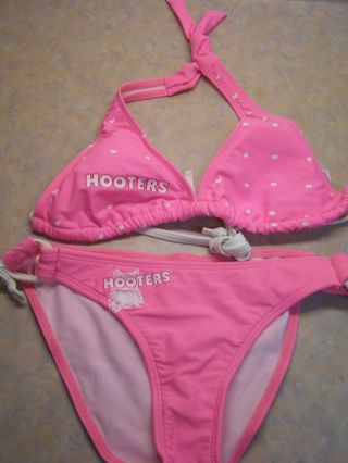 Womens Hooters Small Pink & White Polka Dot Bikini Bathing Suit