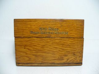 Vintage Oak Wood Gold Medal Flour Recipe Card Box.  Label Inside Lid.