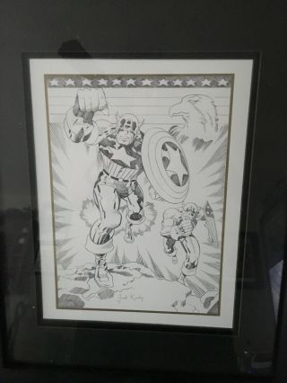 Captain America B/w Lithograph Jack Kirby Hand Signed Marvel