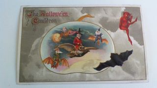 Vintage 1914 Winsch Halloween Cauldron Postcard,  Red Witch,  Owl,  Bats,  Red Devil