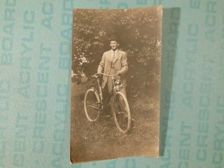 Old Photo Of Gentleman And His Bike,  1920s,  With Mounted Gas Light