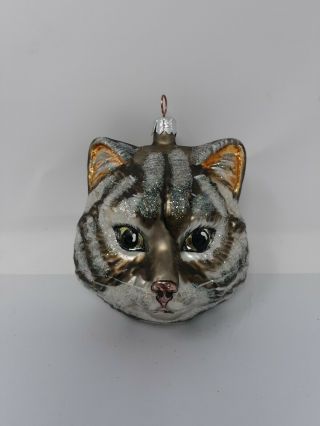 Slavic Treasures Tabby Cat Head Poland Blown Glass Xmas Ornament