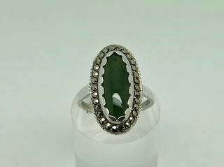 Vintage Art Deco Sterling Silver Spinach Jade & Marcasite Cocktail Ring Size N