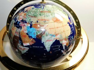 Vtg.  World Globe Blue Lapis Semi Precious Gemstones Brass Stand With Compass