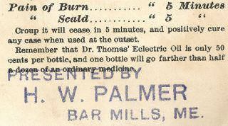 1880 ' s BAR MILLS,  ME TRADE CARD,  H W PALMER BURDOCK BLOOD BITTERS K1181 3