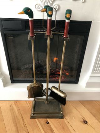 Vintage Hand Painted Mallard Duck Head Brass Fireplace Tool Set With Brass Base