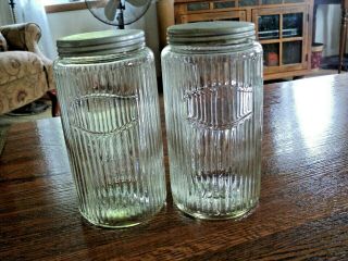 2 Vtg Hoosier Clear Glass Coffee Jar Canisters 8 " Tall Each With Aluminum Lids