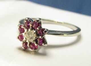 Vintage 14k White Gold Diamond Solitaire & Ruby Cocktail Ring 2.  49 Grams Size 7½