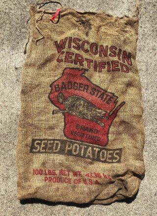 Vintage Burlap Wisconsin Certified Seed Potatoes Sack Badger State 100 Lb