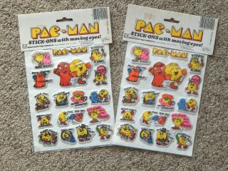 2 Sheets Vintage 1982 Pac - Man Puffy Stickers W/ Googly Eyes (17 Per Sheet) Nos
