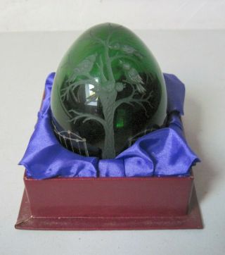 Faberge Etched Green Glass Egg With Birds In Tree And Iron Fence Made In Russia