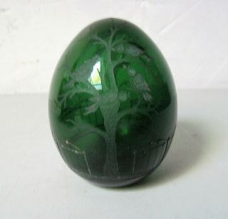 Faberge etched Green Glass Egg with Birds in tree and iron fence Made in Russia 2