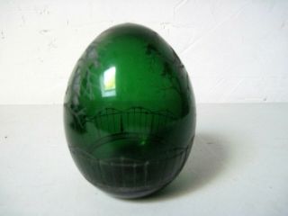 Faberge etched Green Glass Egg with Birds in tree and iron fence Made in Russia 3