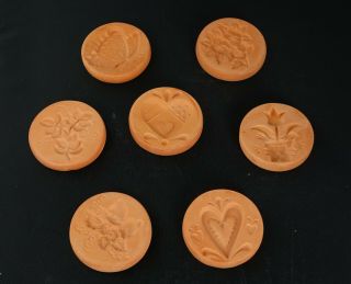 Set Of 7 Vintage Terracotta Cookie Stamps / Butter Stamps,  No Handles.