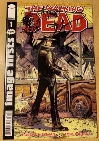 The Walking Dead 1 Signed By Robert Kirkman & Zombie By Tony Moore Vf/nm