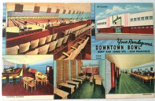 Downtown Bowl,  San Francisco,  California,  Retro Linen Post Card,  Bowling Alley