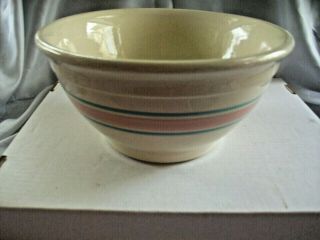 Vintage Mccoy Pottery 10 " Mixing Bowl Beige W Pink & Blue Bands Usa Oven Ware