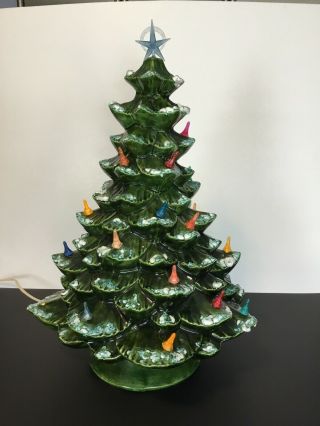 Vintage Ceramic Lighted Christmas Tree W/ Snow 18 1/2” Tall On Base.