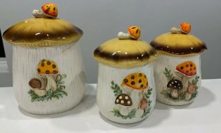 1970s Sears Roebuck 3 Pc Merry Mushroom Canister Set No Chips Very Vintage
