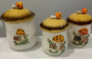 1970s Sears Roebuck 3 Pc Merry Mushroom Canister Set No Chips Very Vintage 2