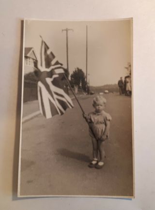 C1935 B/w Photograph.  Little Boy In Street With Large Union Jack On Pole.  Jub?