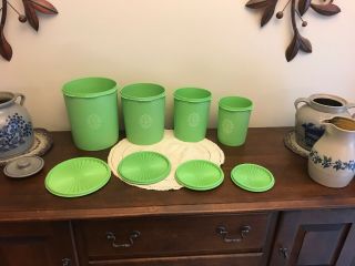 Set Of 4 Vintage Tupperware Green Servalier Canisters With Lids
