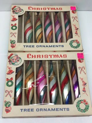 11 Vintage Glass Striped Icicle Tear Drop Christmas Tree Ornaments Poland - 6”