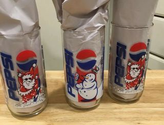 Three Vintage Pepsi Logo Santa Claus Snowman Holiday Drink Glasses Advertising