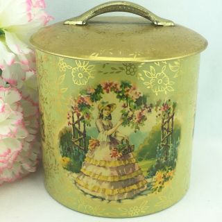 Vintage Crinoline Lady Biscuit Tin Floral Made in England 5.  5 