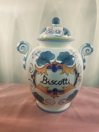 Ceramic Biscotti Cookie Jar,  Hand Painted,  In With Seal Lid.