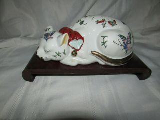 Japanese Sleeping Cat Hand Painted With Pedestal Stamped And Signed
