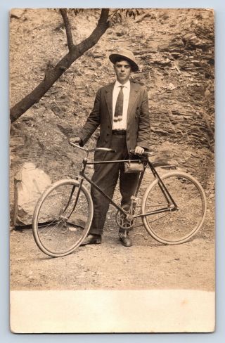 Vintage Real Photo Postcard Man With Bicycle & Tool Bag Hot Springs Arkansas A3
